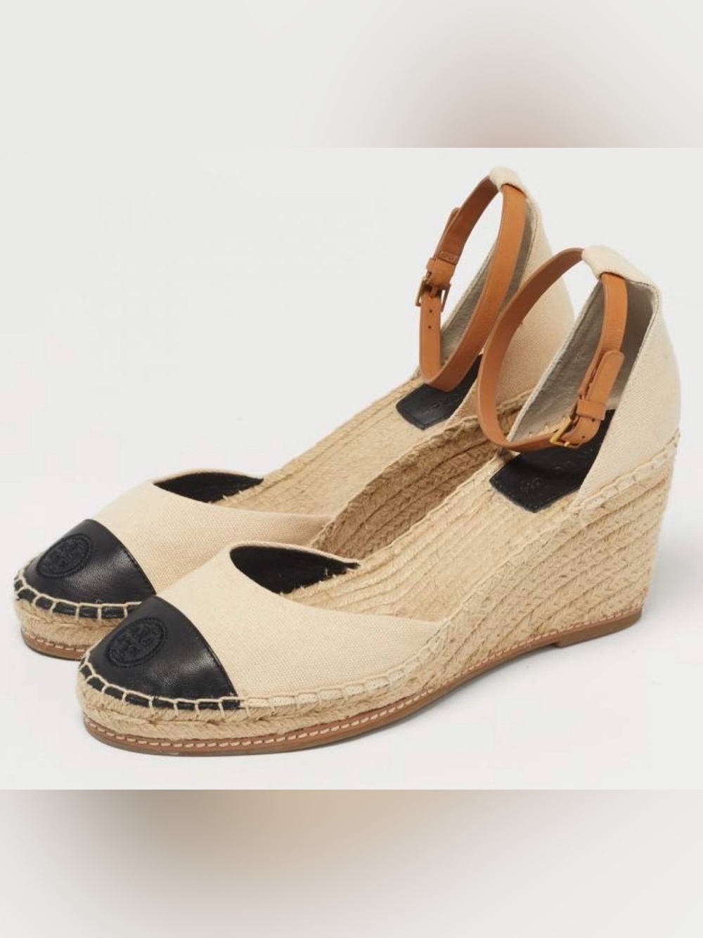 Tory Burch Beige Canvas Espadrille Wedges with Black Cap Toe